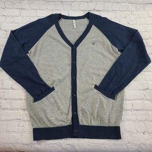 Orisue Men's Size Medium V Neck Button Up Cardigan Varsity Sweater Blue Grey